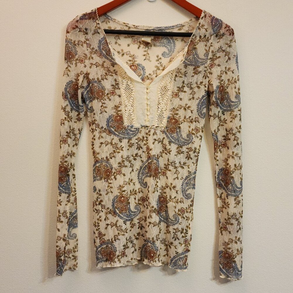 Denim & Supply Ralph Lauren Women Lace Henley Top Blue Paisley Women SP Boho Y2K